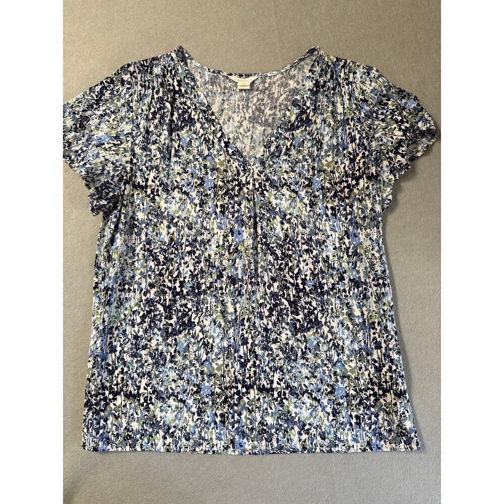 Women’s Caslon Blue Floral Donny Flutter Short Sleeve VNeck Blouse Sz M